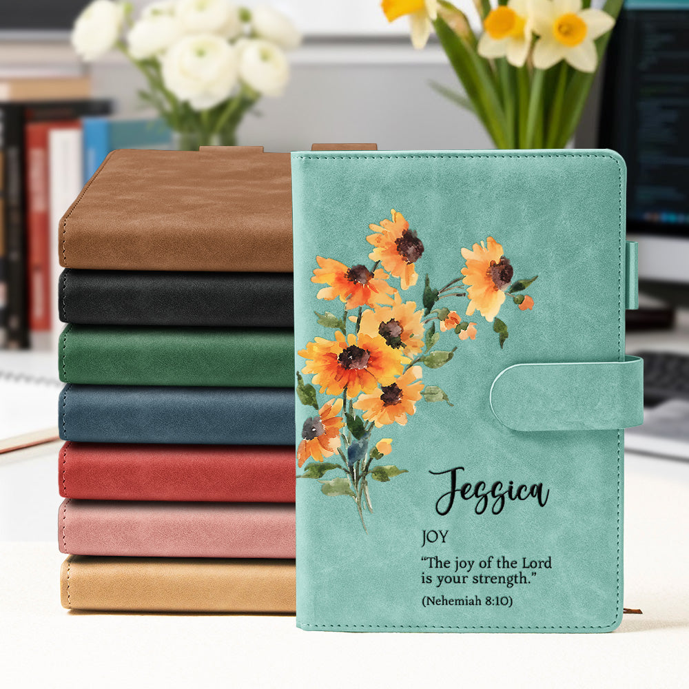 Custom Birth Flower Initial With Bible Verse - Personalized Leather Prayer Journal
