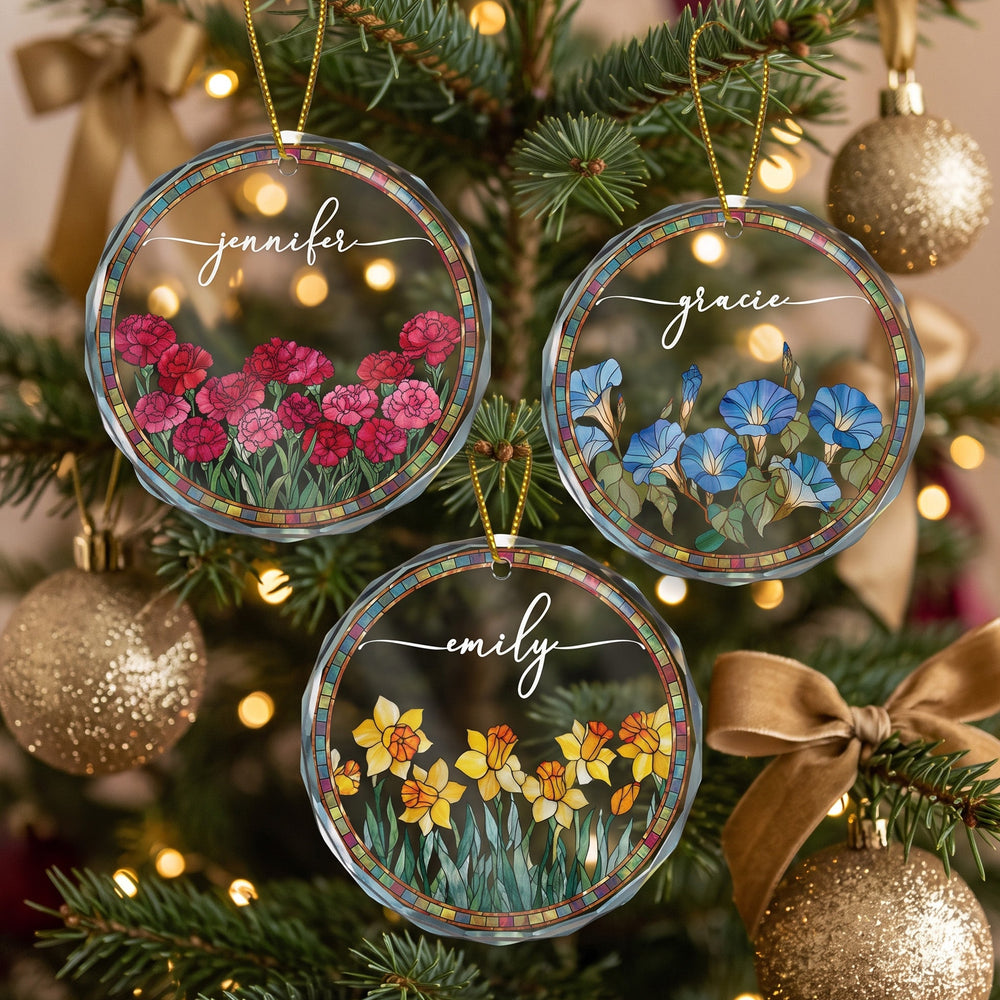 Custom Name Birth Flower Christmas Ornament - Personalized Glass Keepsake