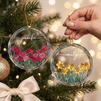 Custom Name Birth Flower Christmas Ornament - Personalized Glass Keepsake