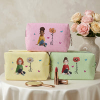 Custom Birth Flower, Name & Cute Character For Her - Personalized Makeup Bag | Cute Floral Gift