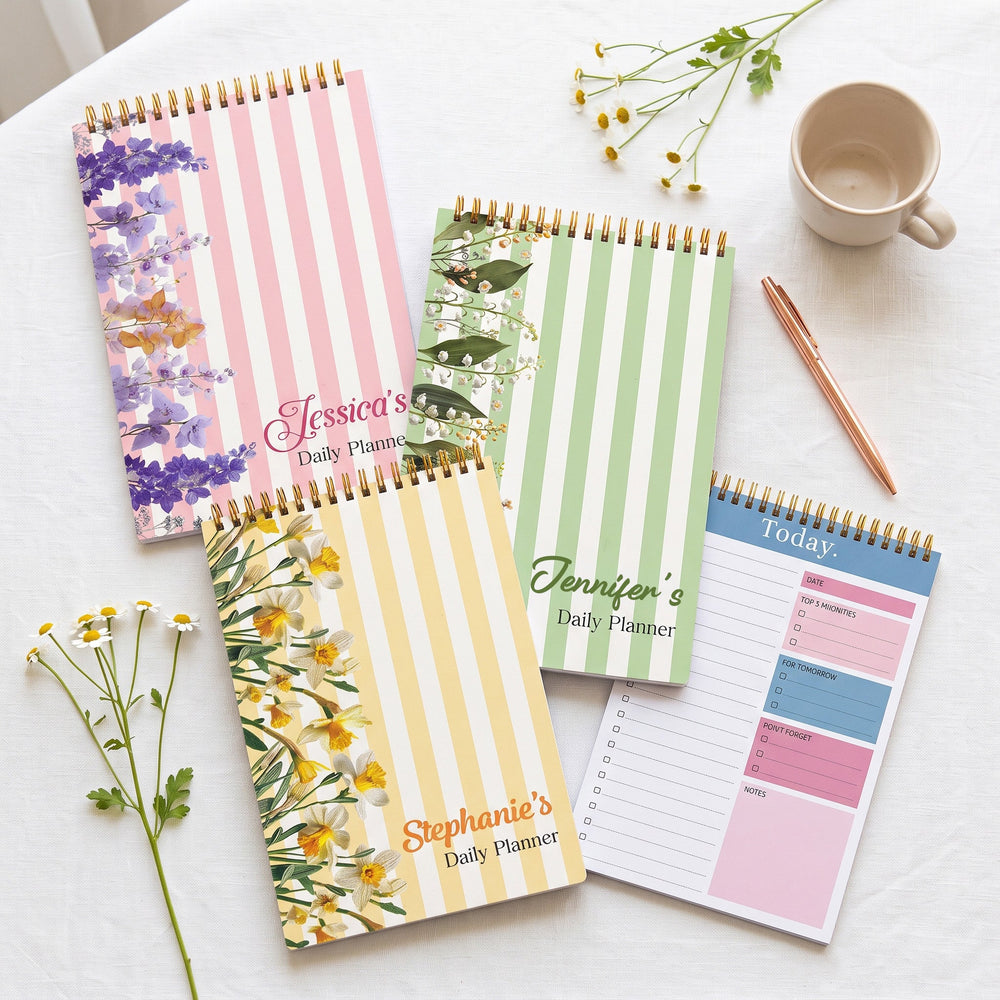 Personalized Birth Flower Daily Planner - Custom Name Spiral Notepad Gift for Her