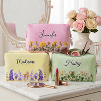 Personalized Birth Flower Makeup Bag, Custom Name Striped Cosmetic Pouch, Birthday Travel Gift for Her