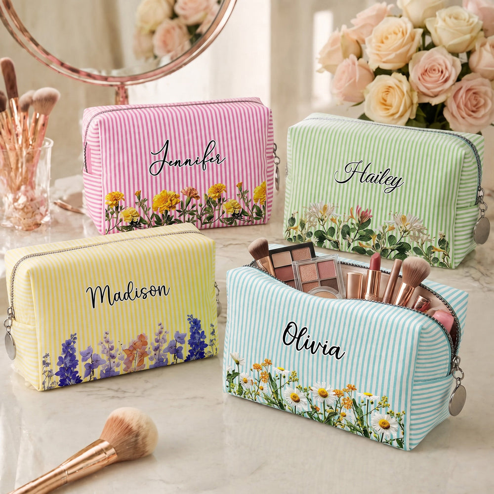 Personalized Birth Flower Makeup Bag, Custom Name Striped Cosmetic Pouch, Birthday Travel Gift for Her