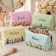 Personalized Birth Flower Makeup Bag, Custom Name Striped Cosmetic Pouch, Birthday Travel Gift for Her