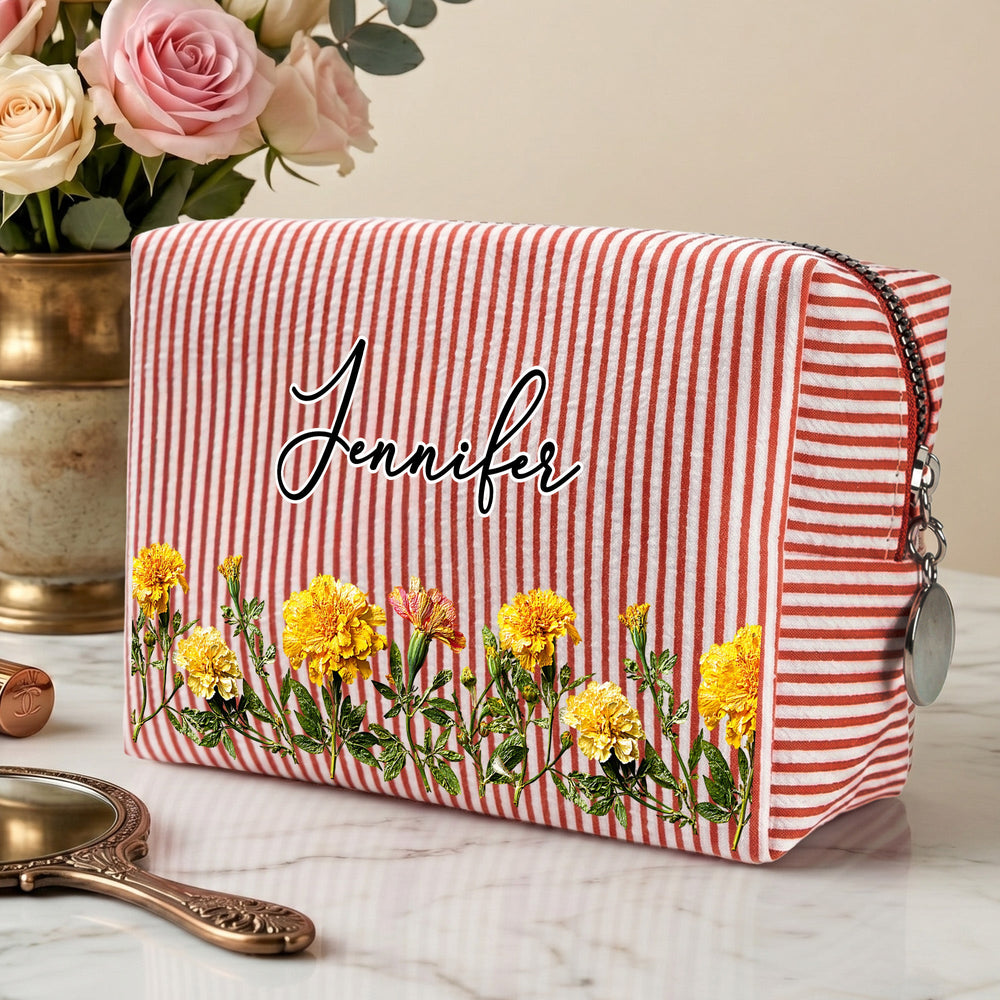 Personalized Birth Flower Makeup Bag, Custom Name Striped Cosmetic Pouch, Birthday Travel Gift for Her