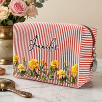 Personalized Birth Flower Makeup Bag, Custom Name Striped Cosmetic Pouch, Birthday Travel Gift for Her