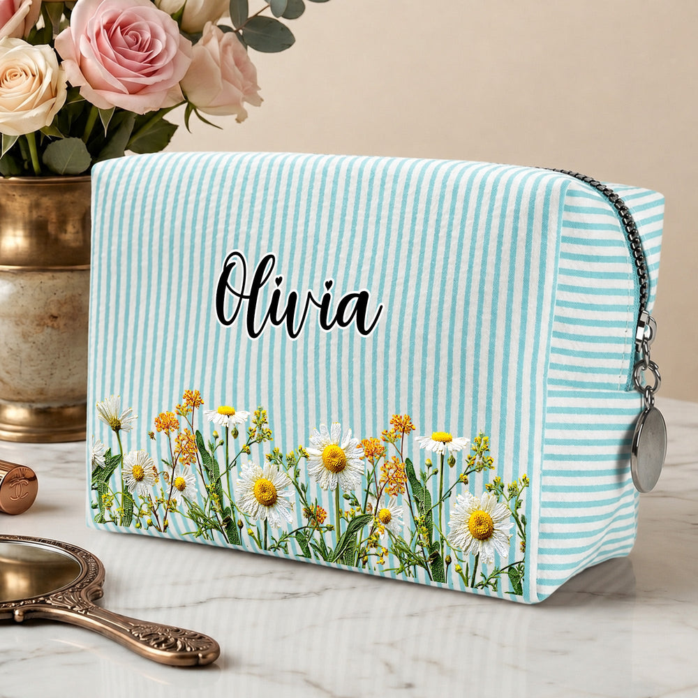 Personalized Birth Flower Makeup Bag, Custom Name Striped Cosmetic Pouch, Birthday Travel Gift for Her