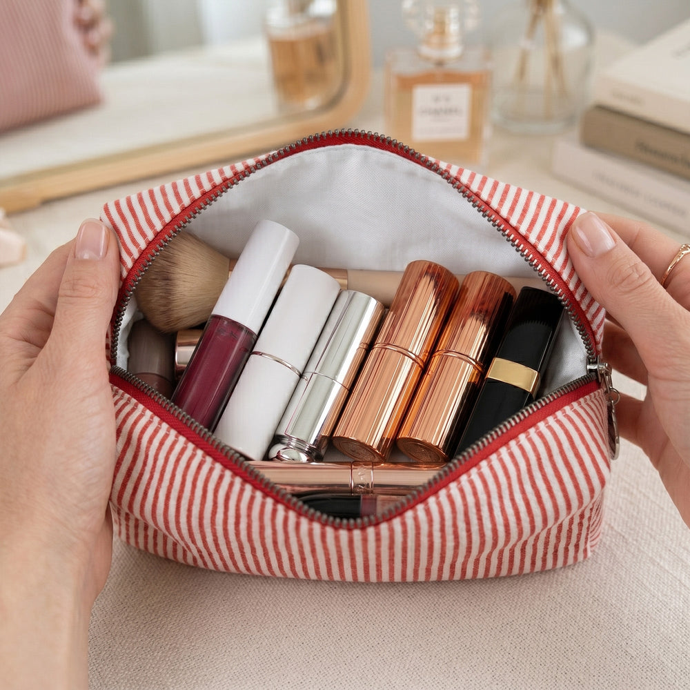 Personalized Birth Flower Makeup Bag, Custom Name Striped Cosmetic Pouch, Birthday Travel Gift for Her