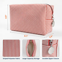 Personalized Birth Flower Makeup Bag, Custom Name Striped Cosmetic Pouch, Birthday Travel Gift for Her