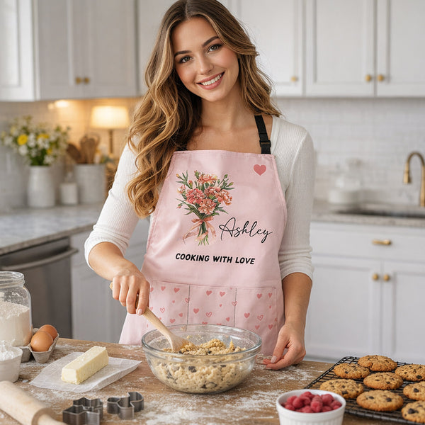 Custom Birth Flower & Name, Floral Apron Gifts For Her, Friends, Daughter, Mom, Grandma - Personalized Apron