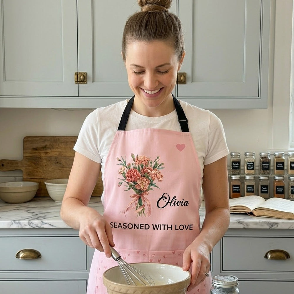 Custom Birth Flower & Name, Floral Apron Gifts For Her, Friends, Daughter, Mom, Grandma - Personalized Apron