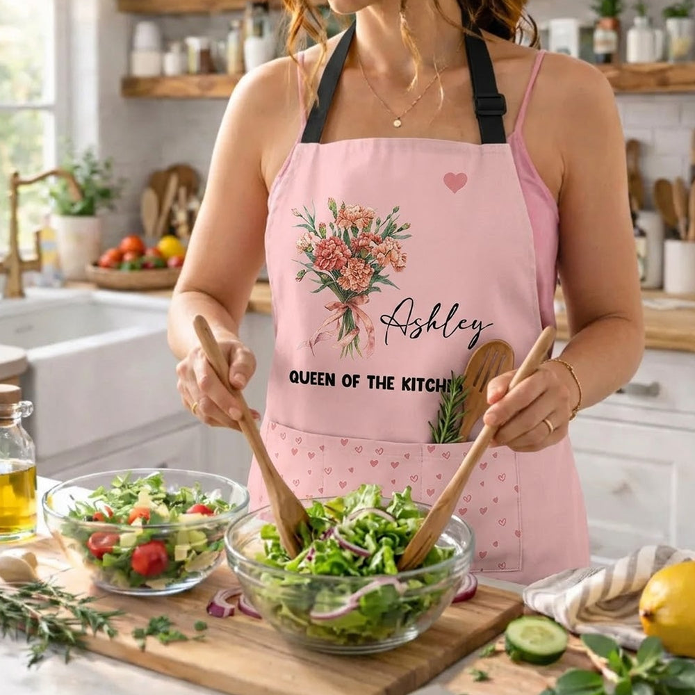Custom Birth Flower & Name, Floral Apron Gifts For Her, Friends, Daughter, Mom, Grandma - Personalized Apron