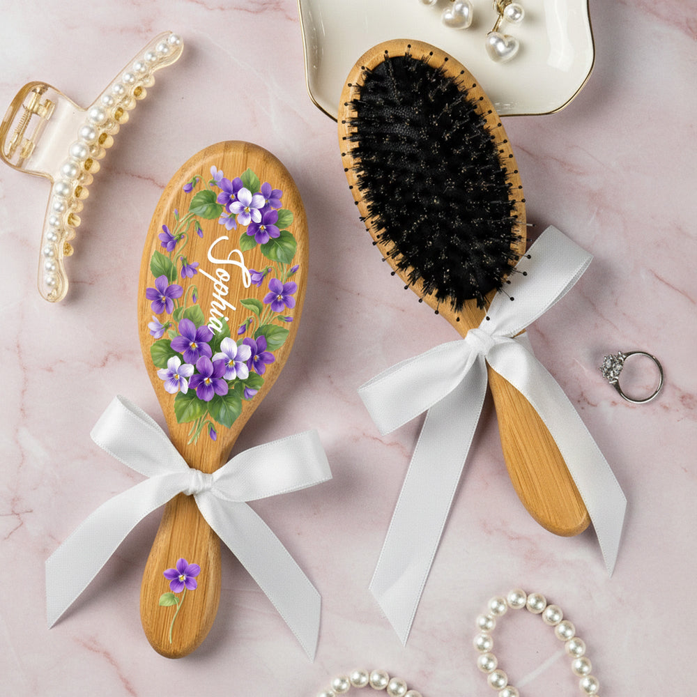 Custom Birth Flower & Name For Her, Daughter, Sister, Thank You Gift - Personalized Hair Brush