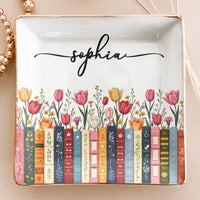 Personalized Birth Flower Book Lover Jewelry Dish - Custom Name Ceramic Ring Trinket Dish, Gift For Reader