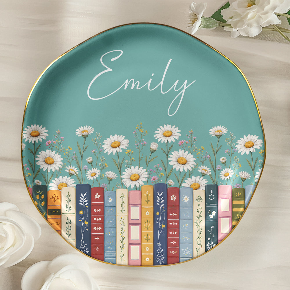 Personalized Birth Flower Book Lover Jewelry Dish - Custom Name Ceramic Ring Trinket Dish, Gift For Reader
