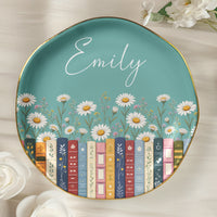 Personalized Birth Flower Book Lover Jewelry Dish - Custom Name Ceramic Ring Trinket Dish, Gift For Reader