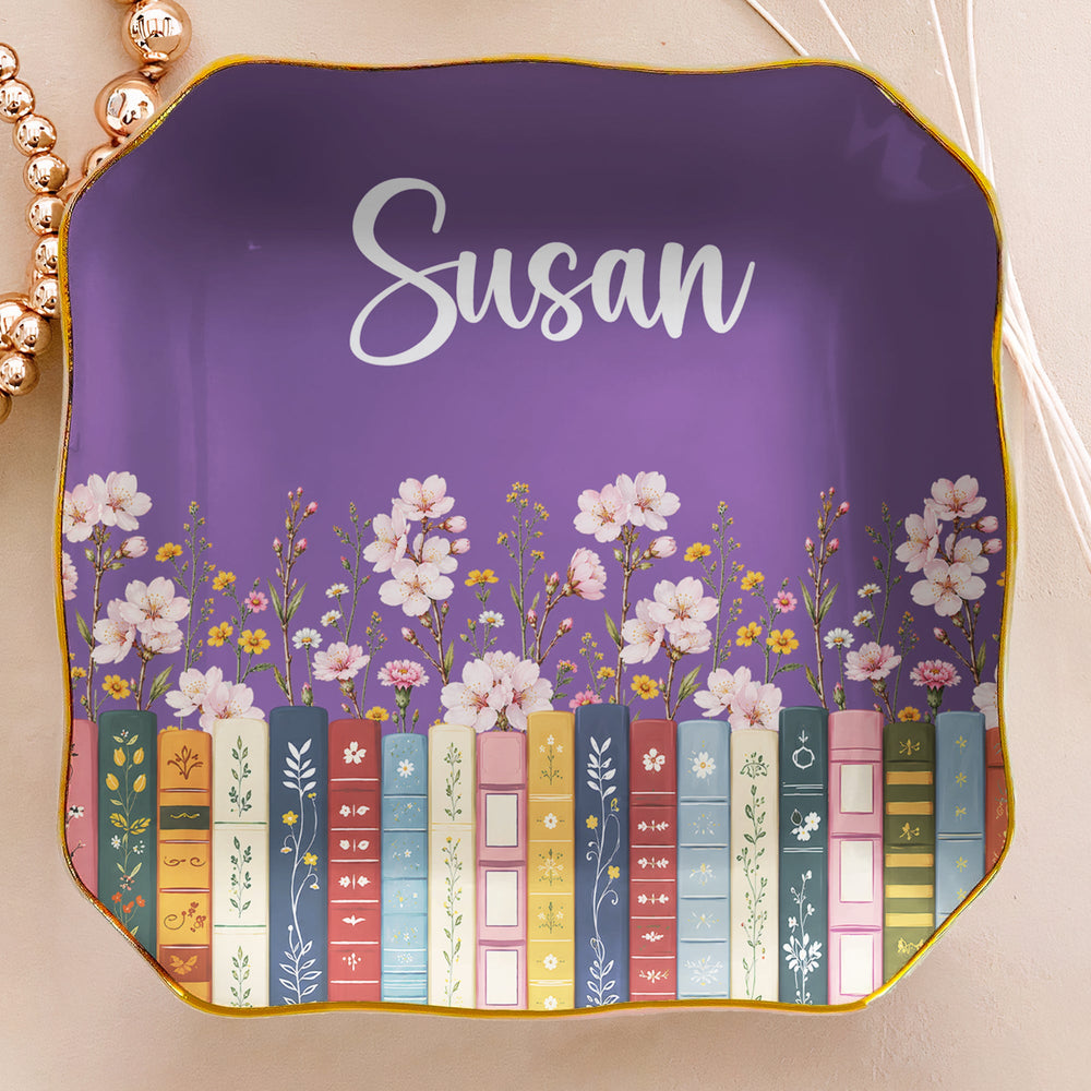 Personalized Birth Flower Book Lover Jewelry Dish - Custom Name Ceramic Ring Trinket Dish, Gift For Reader