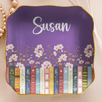 Personalized Birth Flower Book Lover Jewelry Dish - Custom Name Ceramic Ring Trinket Dish, Gift For Reader