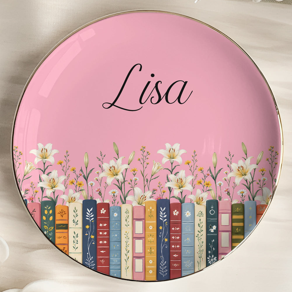 Personalized Birth Flower Book Lover Jewelry Dish - Custom Name Ceramic Ring Trinket Dish, Gift For Reader