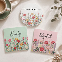 Personalized Birth Flower Ceramic Coaster - Custom Name Floral Drink Coaster, Birthday Gift For Her