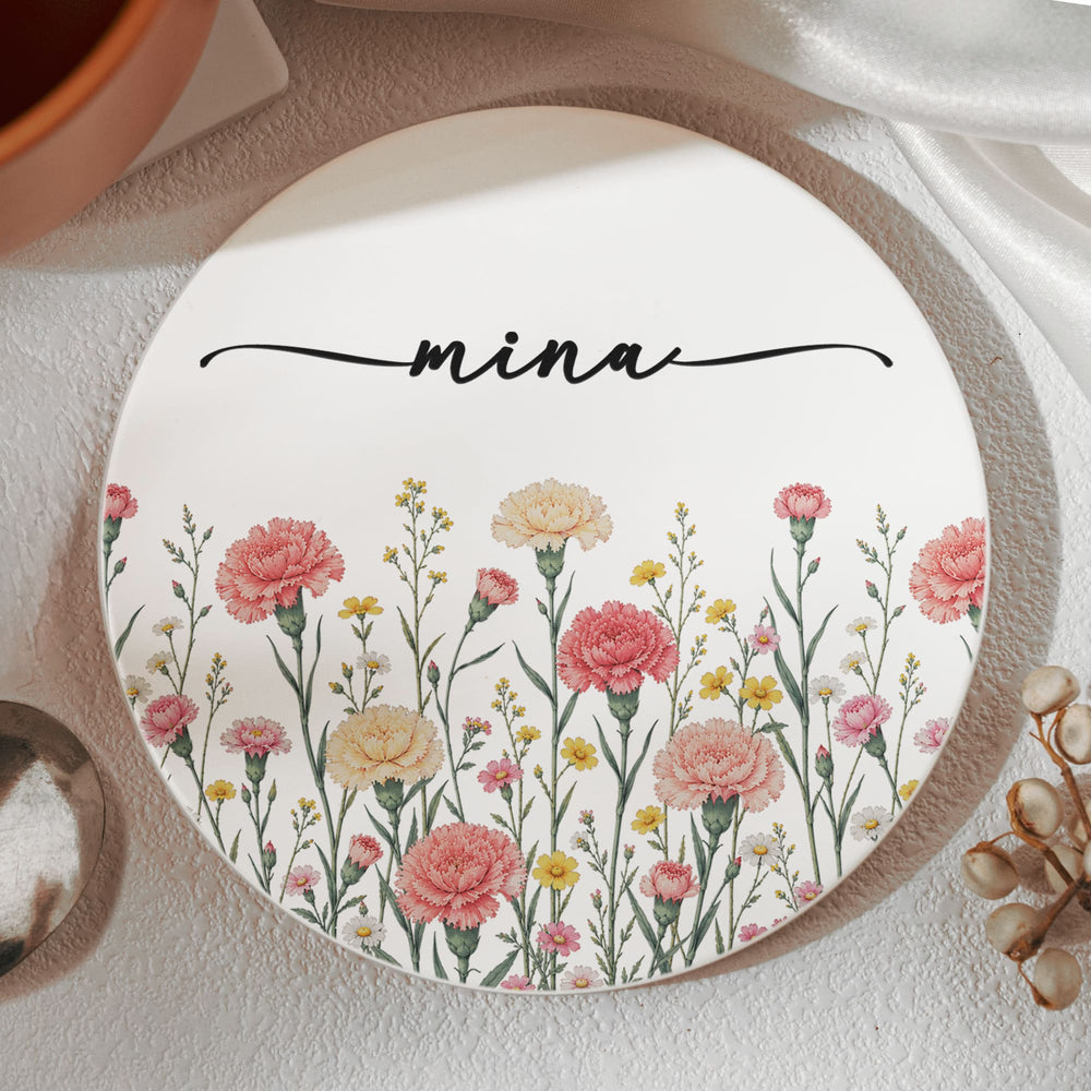 Personalized Birth Flower Ceramic Coaster - Custom Name Floral Drink Coaster, Birthday Gift For Her