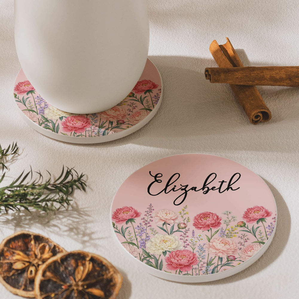 Personalized Birth Flower Ceramic Coaster - Custom Name Floral Drink Coaster, Birthday Gift For Her