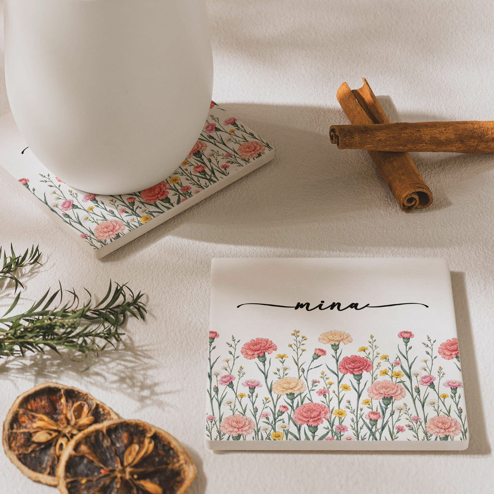 Personalized Birth Flower Ceramic Coaster - Custom Name Floral Drink Coaster, Birthday Gift For Her