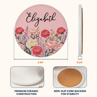 Personalized Birth Flower Ceramic Coaster - Custom Name Floral Drink Coaster, Birthday Gift For Her