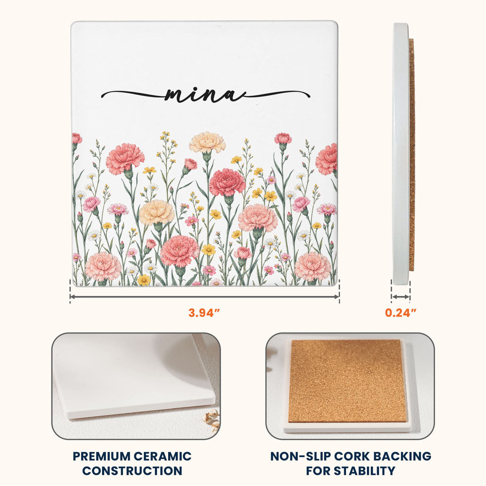 Personalized Birth Flower Ceramic Coaster - Custom Name Floral Drink Coaster, Birthday Gift For Her