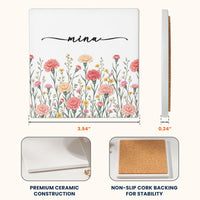 Personalized Birth Flower Ceramic Coaster - Custom Name Floral Drink Coaster, Birthday Gift For Her