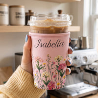 Personalized Birth Flower Iced Coffee Sleeve - Custom Name Gift for Women