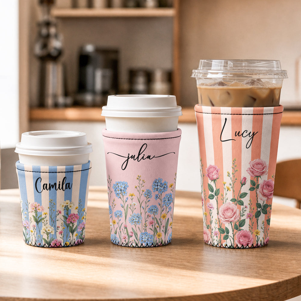 Personalized Birth Flower Iced Coffee Sleeve - Custom Name Gift for Women
