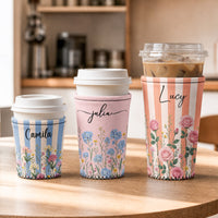 Personalized Birth Flower Iced Coffee Sleeve - Custom Name Gift for Women