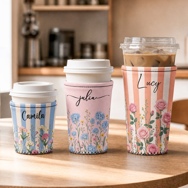 Personalized Birth Flower Iced Coffee Sleeve - Custom Name Gift for Women