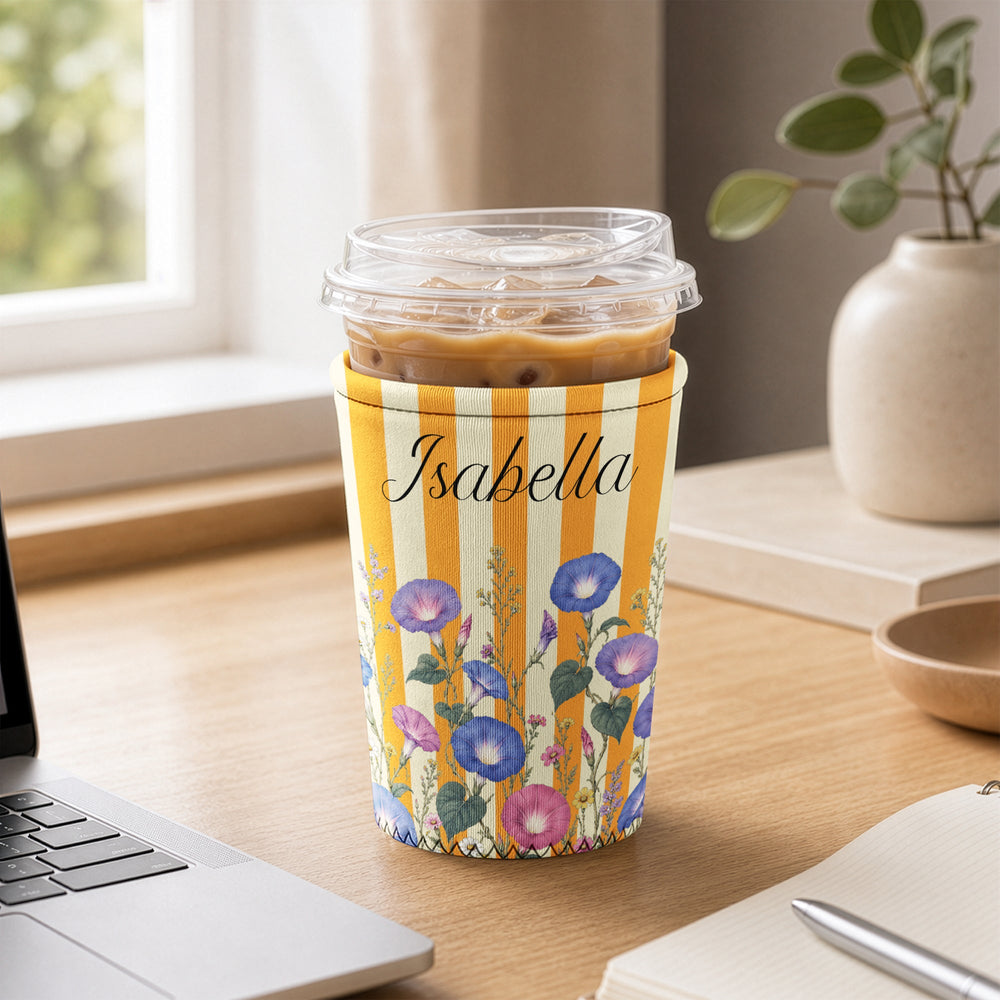 Personalized Birth Flower Iced Coffee Sleeve - Custom Name Gift for Women