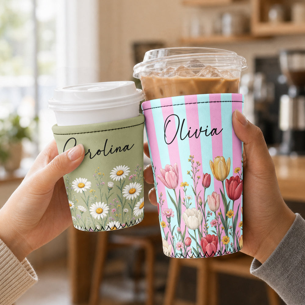 Personalized Birth Flower Iced Coffee Sleeve - Custom Name Gift for Women