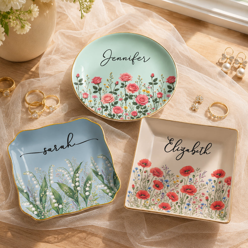Personalized Birth Flower Jewelry Dish - Custom Name Ceramic Ring Trinket