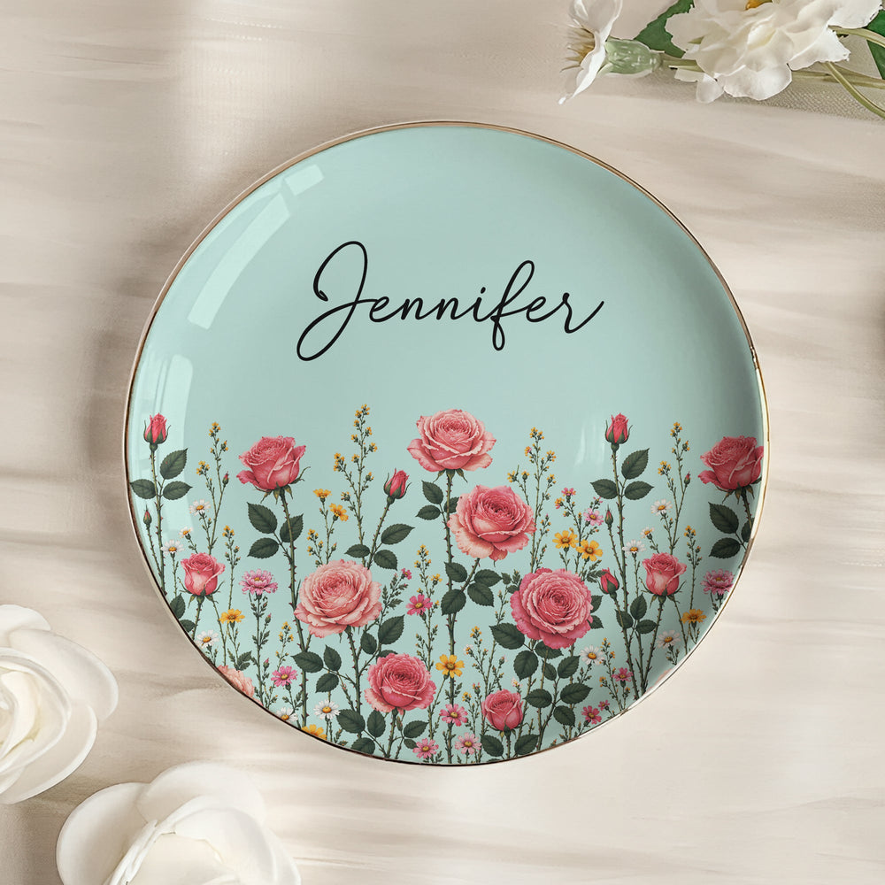 Personalized Birth Flower Jewelry Dish - Custom Name Ceramic Ring Trinket