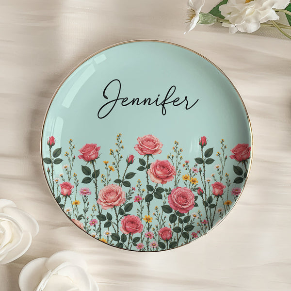 Personalized Birth Flower Jewelry Dish - Custom Name Ceramic Ring Trinket
