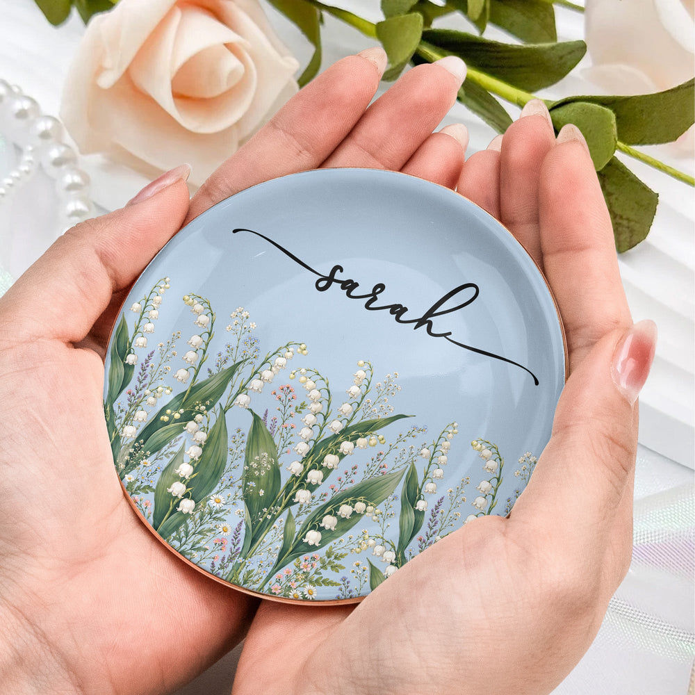 Personalized Birth Flower Jewelry Dish - Custom Name Ceramic Ring Trinket