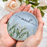 Personalized Birth Flower Jewelry Dish - Custom Name Ceramic Ring Trinket