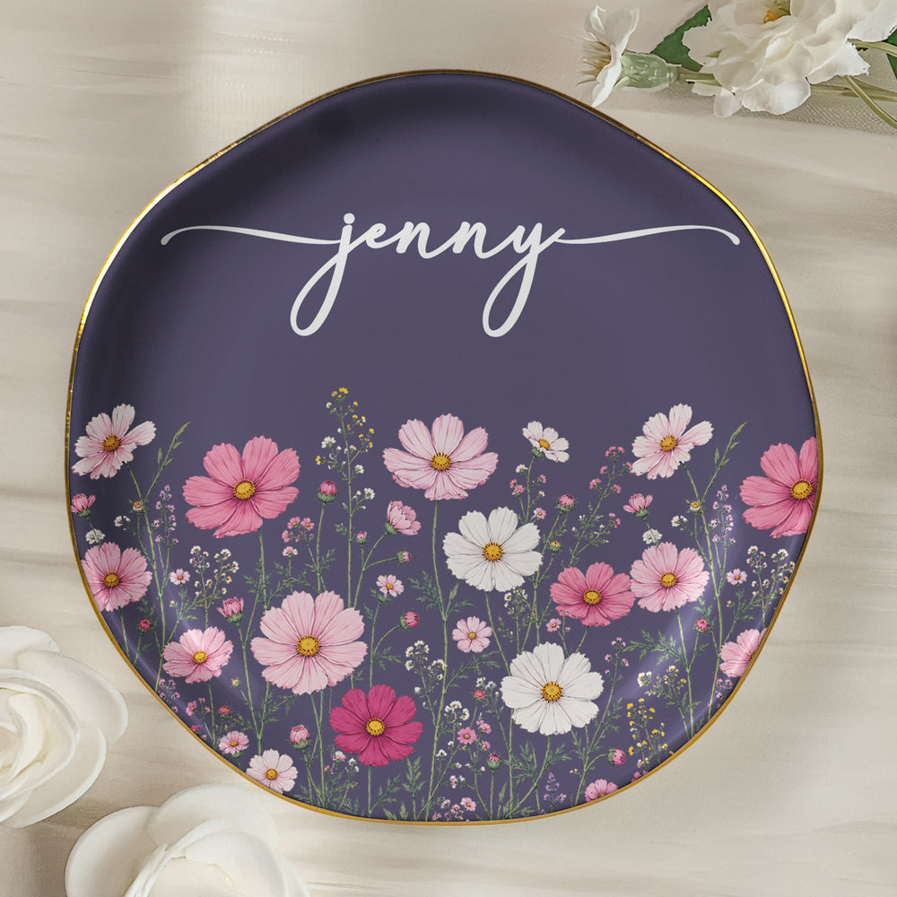 Personalized Birth Flower Jewelry Dish - Custom Name Ceramic Ring Trinket