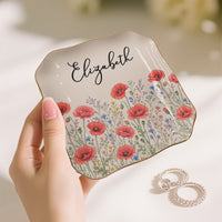 Personalized Birth Flower Jewelry Dish - Custom Name Ceramic Ring Trinket