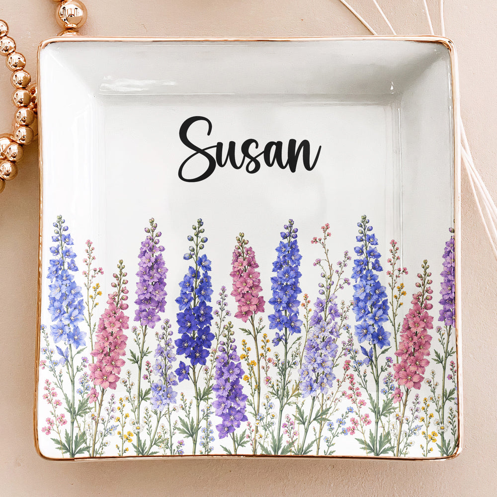 Personalized Birth Flower Jewelry Dish - Custom Name Ceramic Ring Trinket