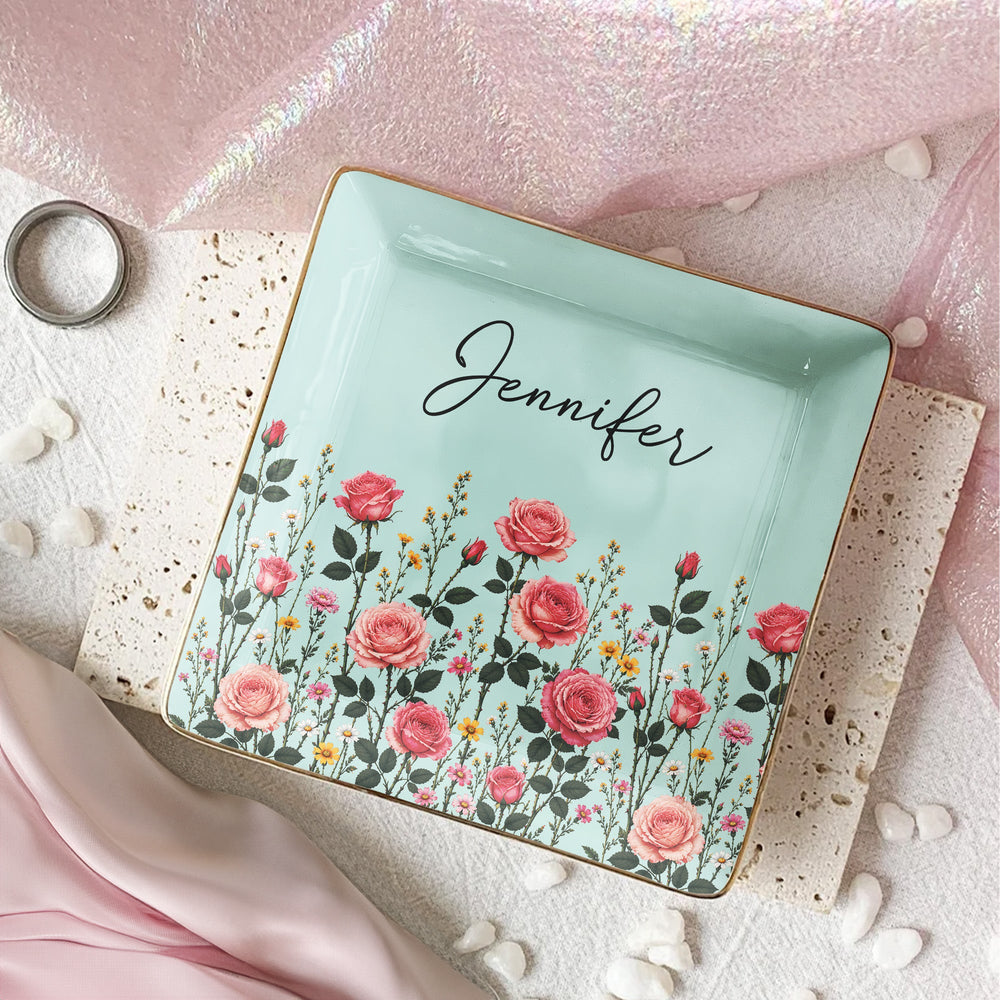Personalized Birth Flower Jewelry Dish - Custom Name Ceramic Ring Trinket