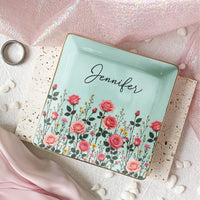 Personalized Birth Flower Jewelry Dish - Custom Name Ceramic Ring Trinket