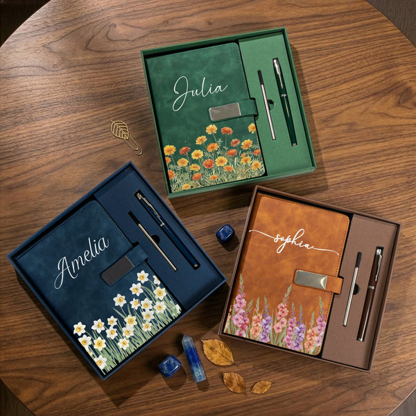 Custom Birth Flower & Name For Her, Wife, Daughter, Sister - Personalized Notebook Set