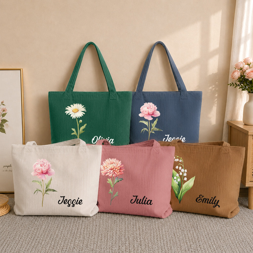 Custom Birth Flower & Name Gift For Her - Personalized Tote Bag