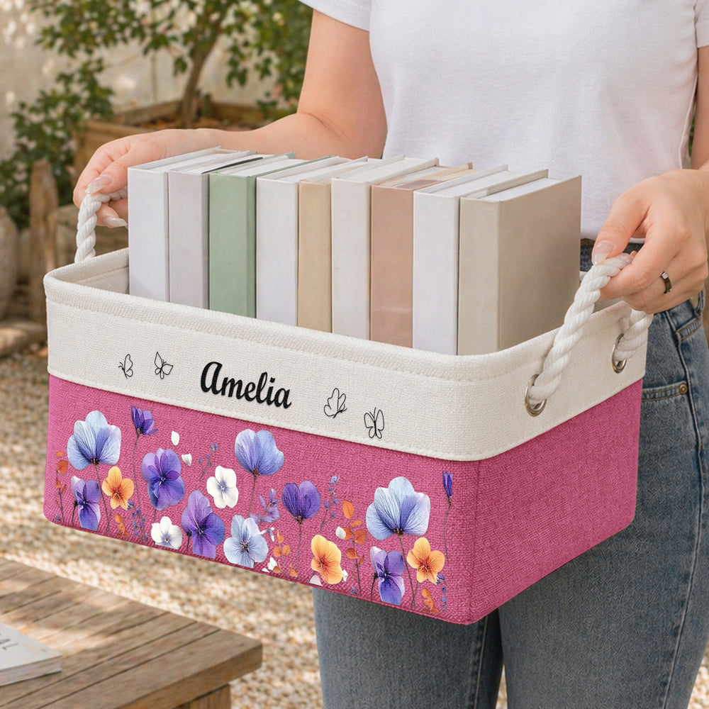 Custom Birth Flower & Name - Storage Basket | Floral Home Decor Gift