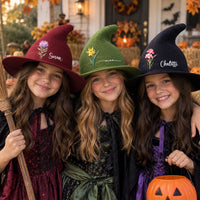 Personalized Birth Flower Witch Hat with Name - Custom Halloween Costume Hat for Kids & Adults